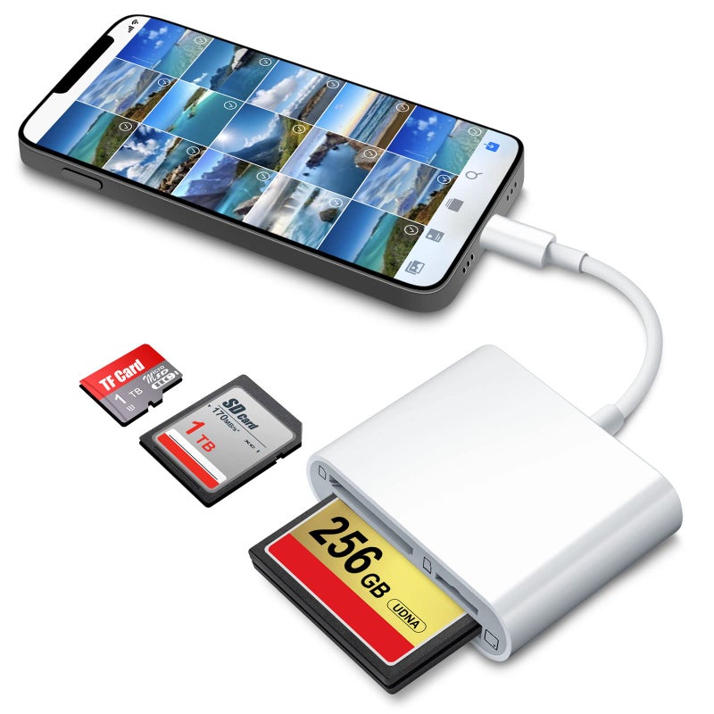DenicMic SD CF Card Reader Compatible with iPhone 14 13 12 11 X XS/iPad with Lighting Ports SD CF TF Memory Card Reader Adapter Digital Trail Game Camera Accessories No Need App - Image 1